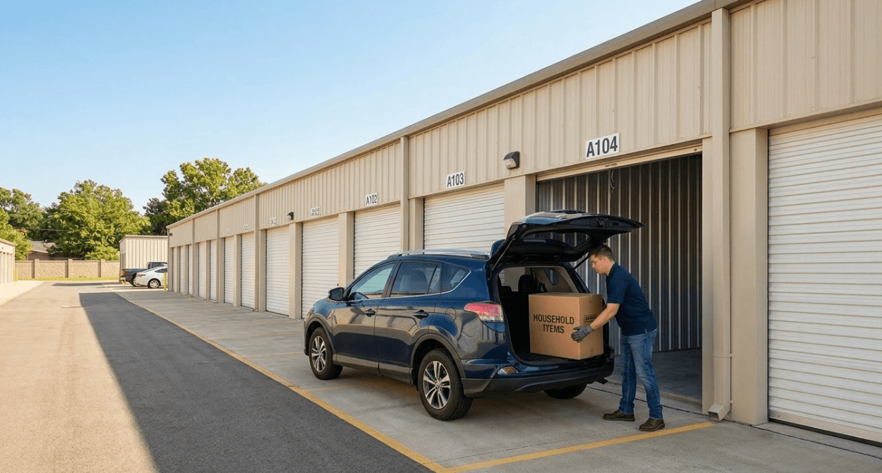 drive-up storage unit to simplify moves. man pulling a box out of the suv into the unit