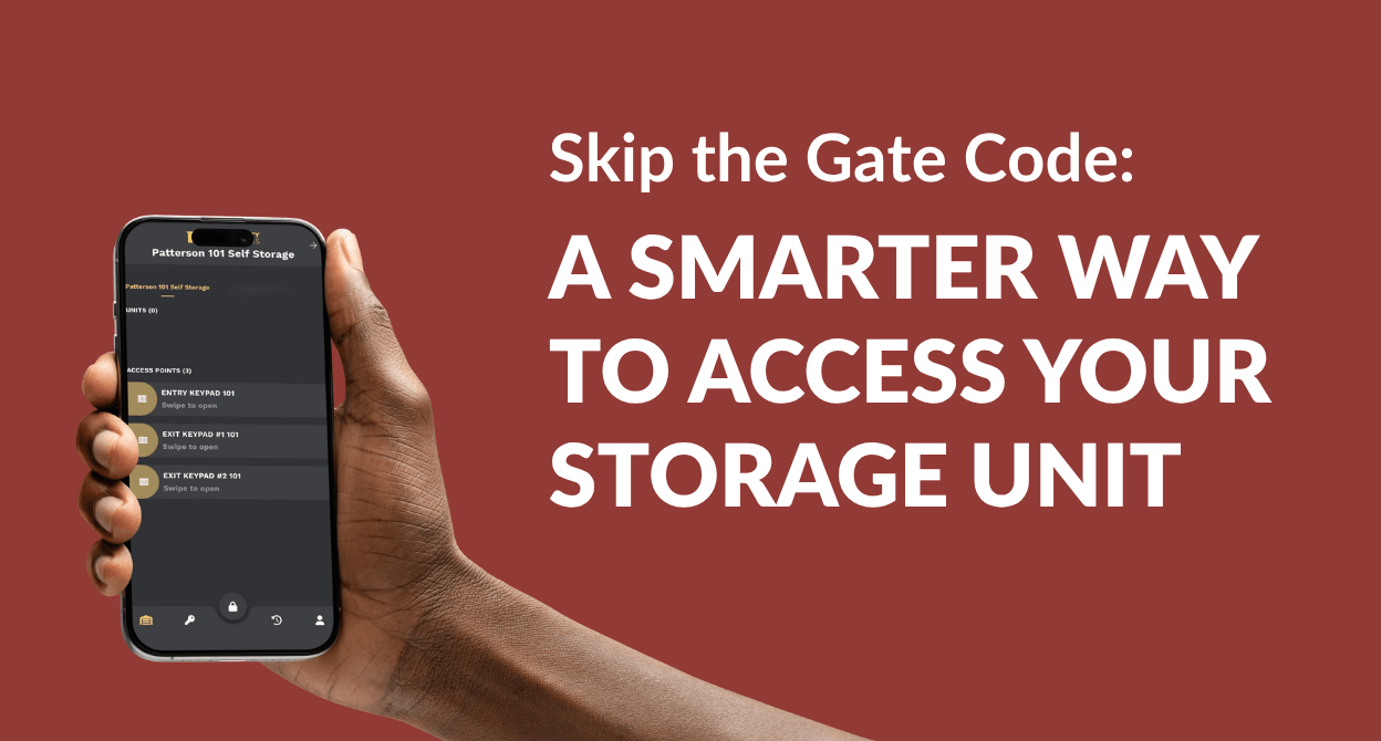 Person holding up a cell phone with a smart phone app to open their patterson self-storage unit.