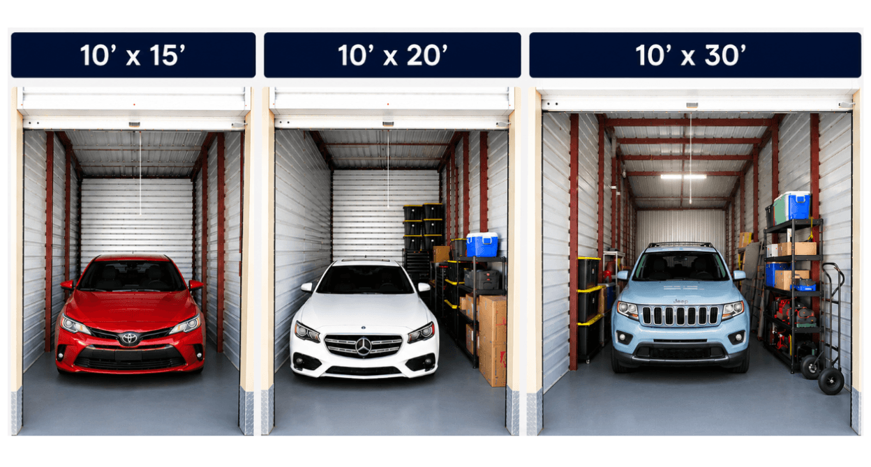 Various sized storage units with cars and belongings inside